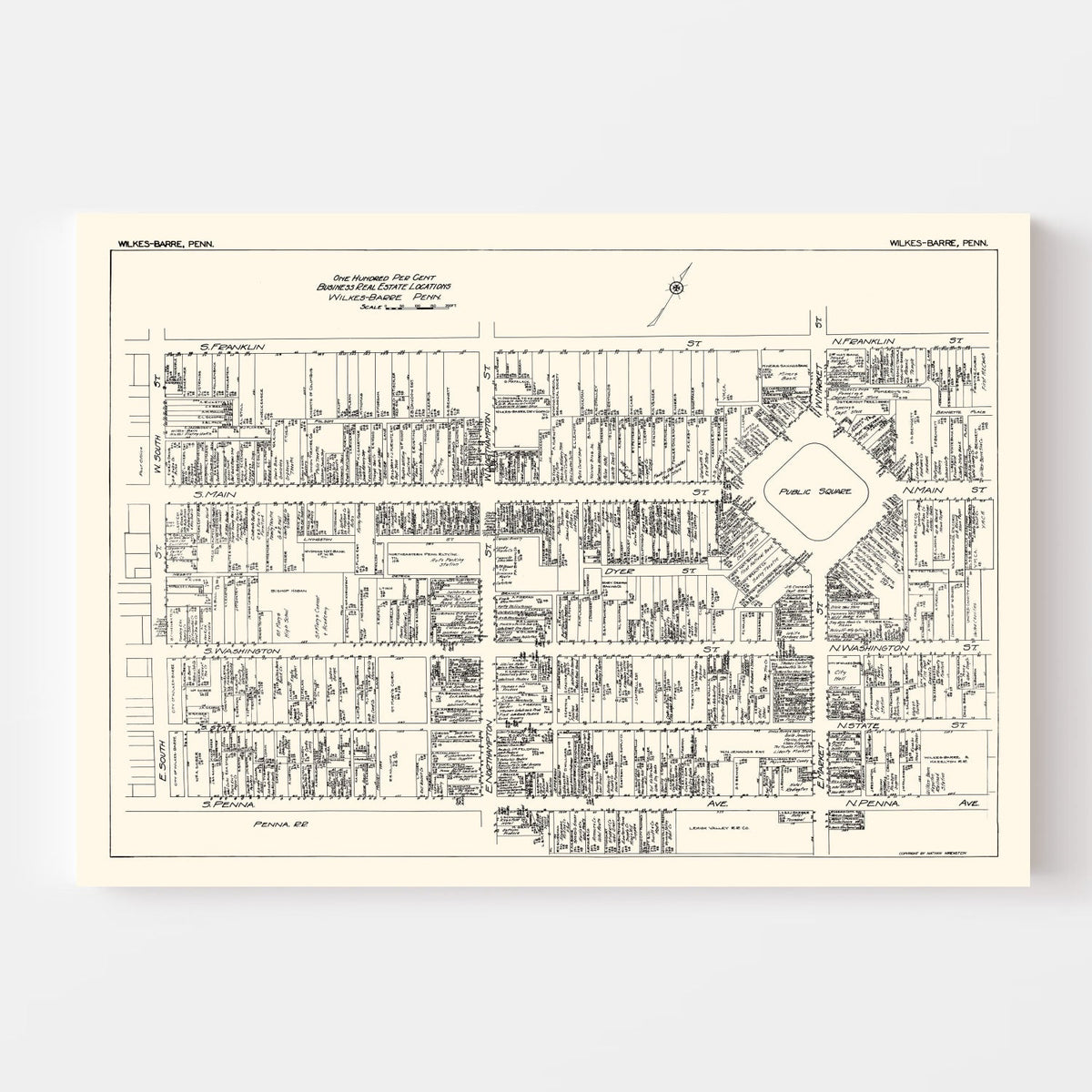 Vintage Map of Wilkes-Barre, PA Business Section 1929