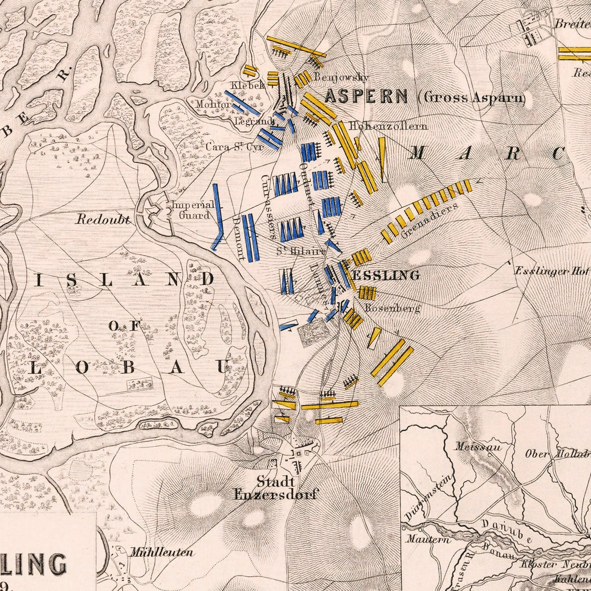 Vintage Map of the Battle of Aspern, 1809