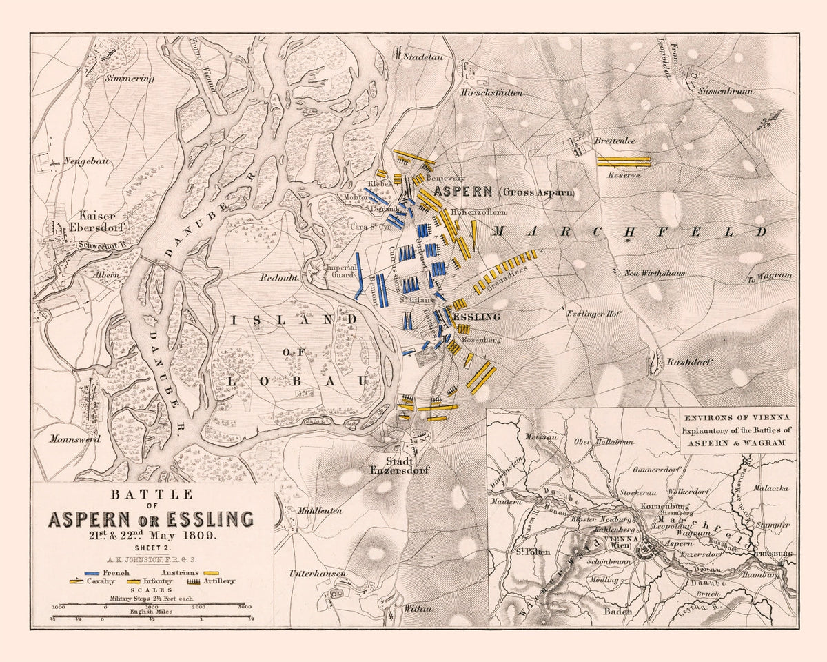 Vintage Map of the Battle of Aspern, 1809