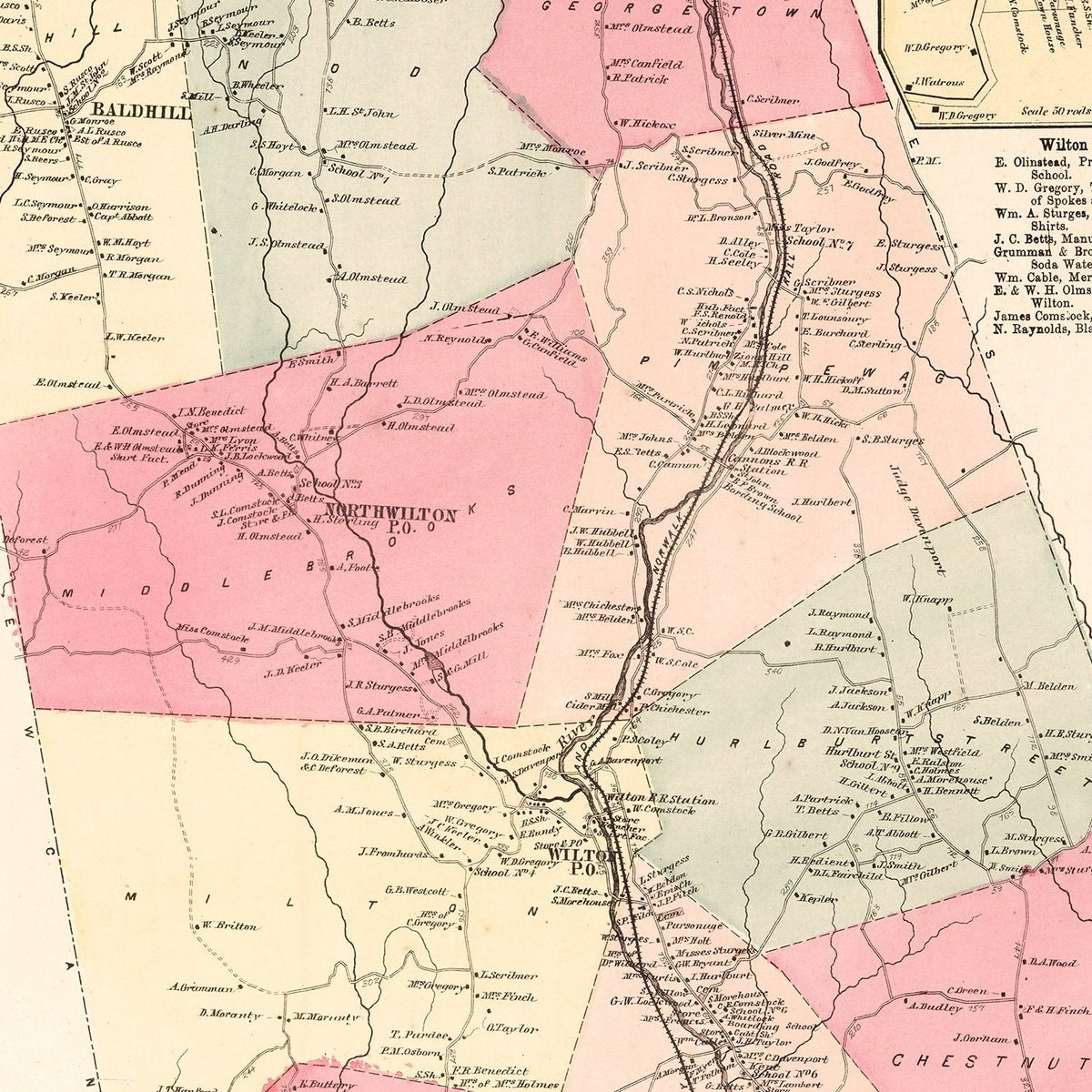 Vintage Map of Wilton, Connecticut 1867