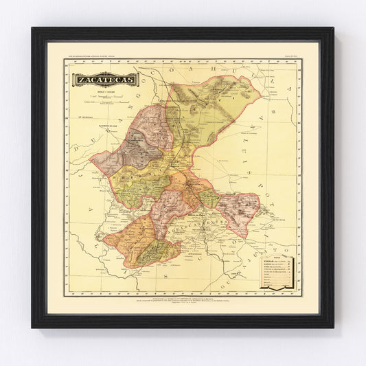 Vintage Map of Zacatecas Mexico, 1886