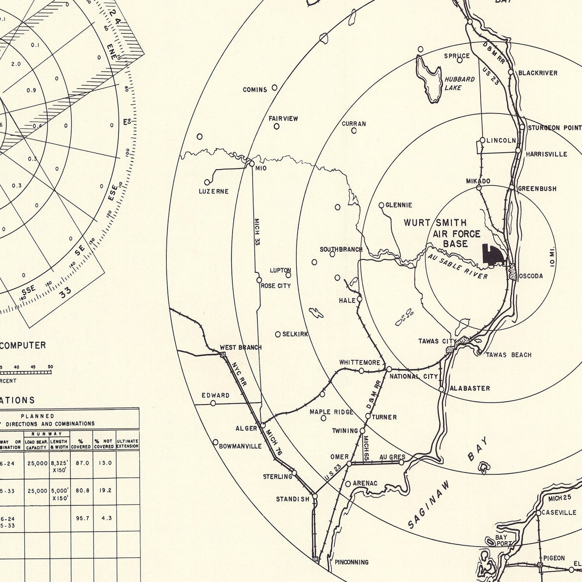 Vintage Map of the Wurtsmith Air Force Base Vicinity, 1952