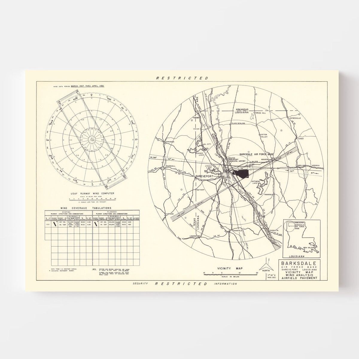 Vintage Map of the Barksdale Air Force Base Vicinity, 1952