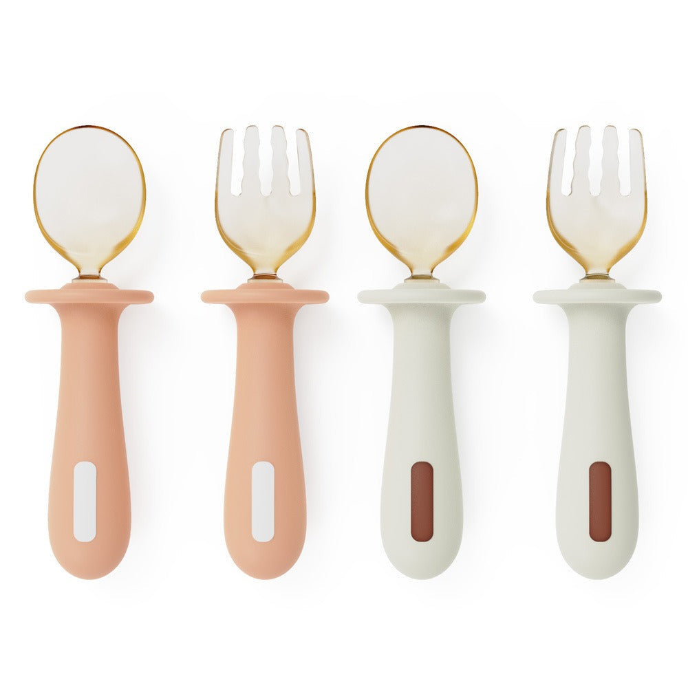 Adjustable color PPSU silicone fork and spoon set, children's stainless steel spoon and fork, baby training supplementary food tableware set of 2 pieces