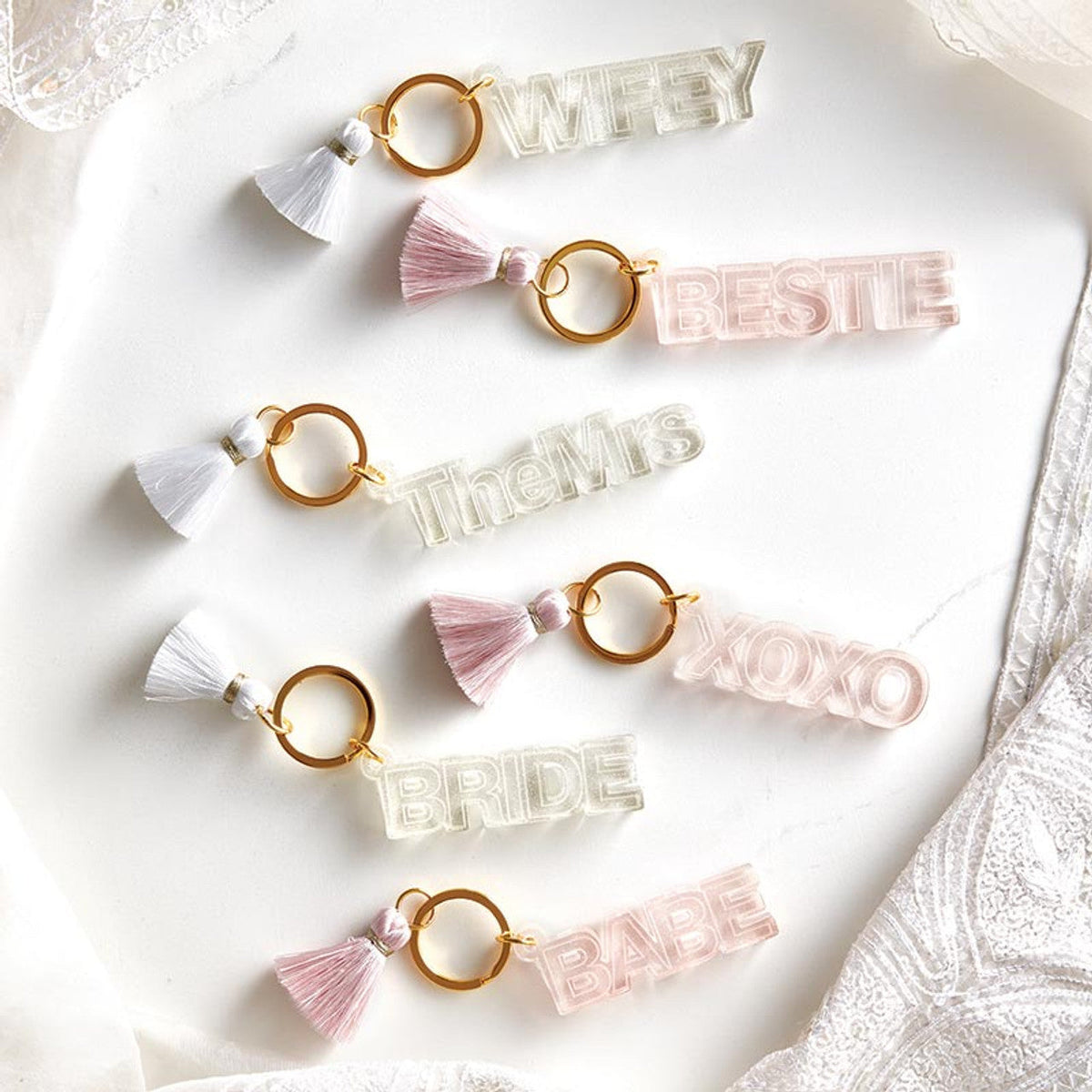 Acrylic Keychain with Tassel - XOXO or Babe | Cute Gold Tone Key Ring Gift Accessory