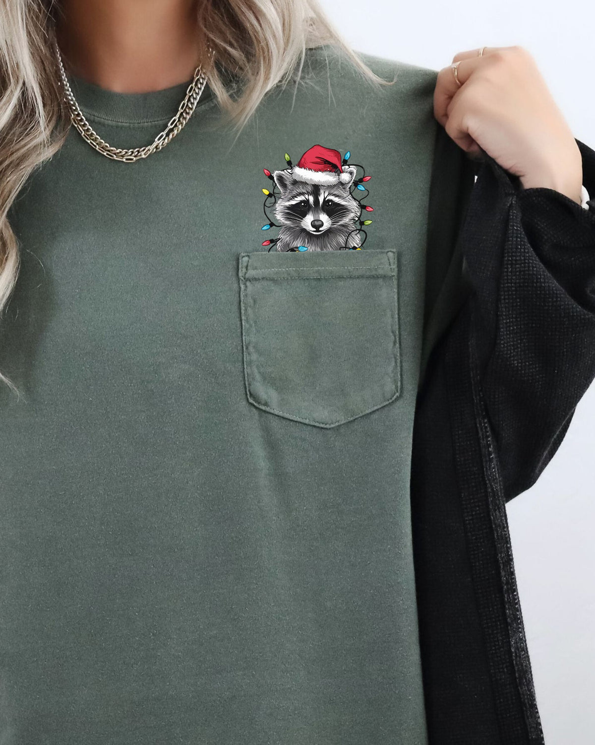 Adorable Christmas Raccoon Pocket Santa Snow Winter Scene Trash Panda Cute Holiday Illustration Comfort Colors Tee