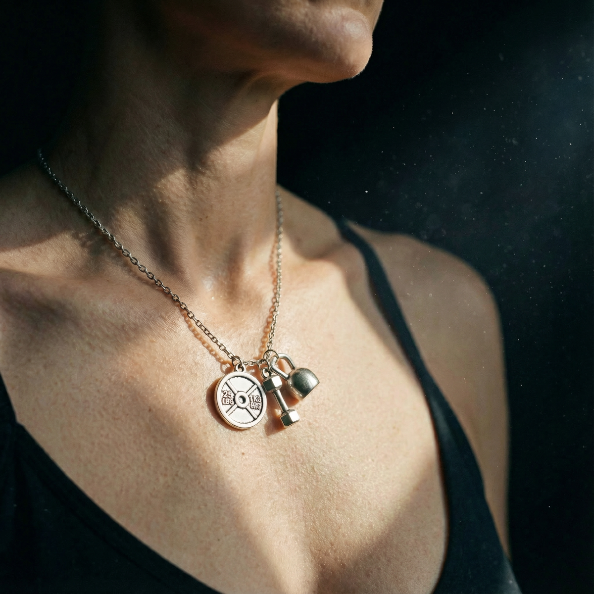 Badass Weightlifter Triple Charm Necklace in Silvertone
