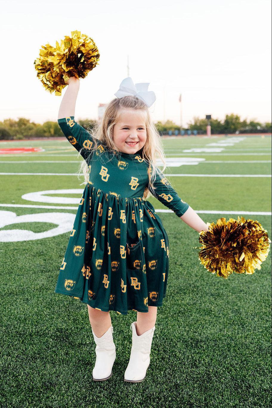 Baylor Green Bear 3/4 Sleeve Pocket Twirl Dress