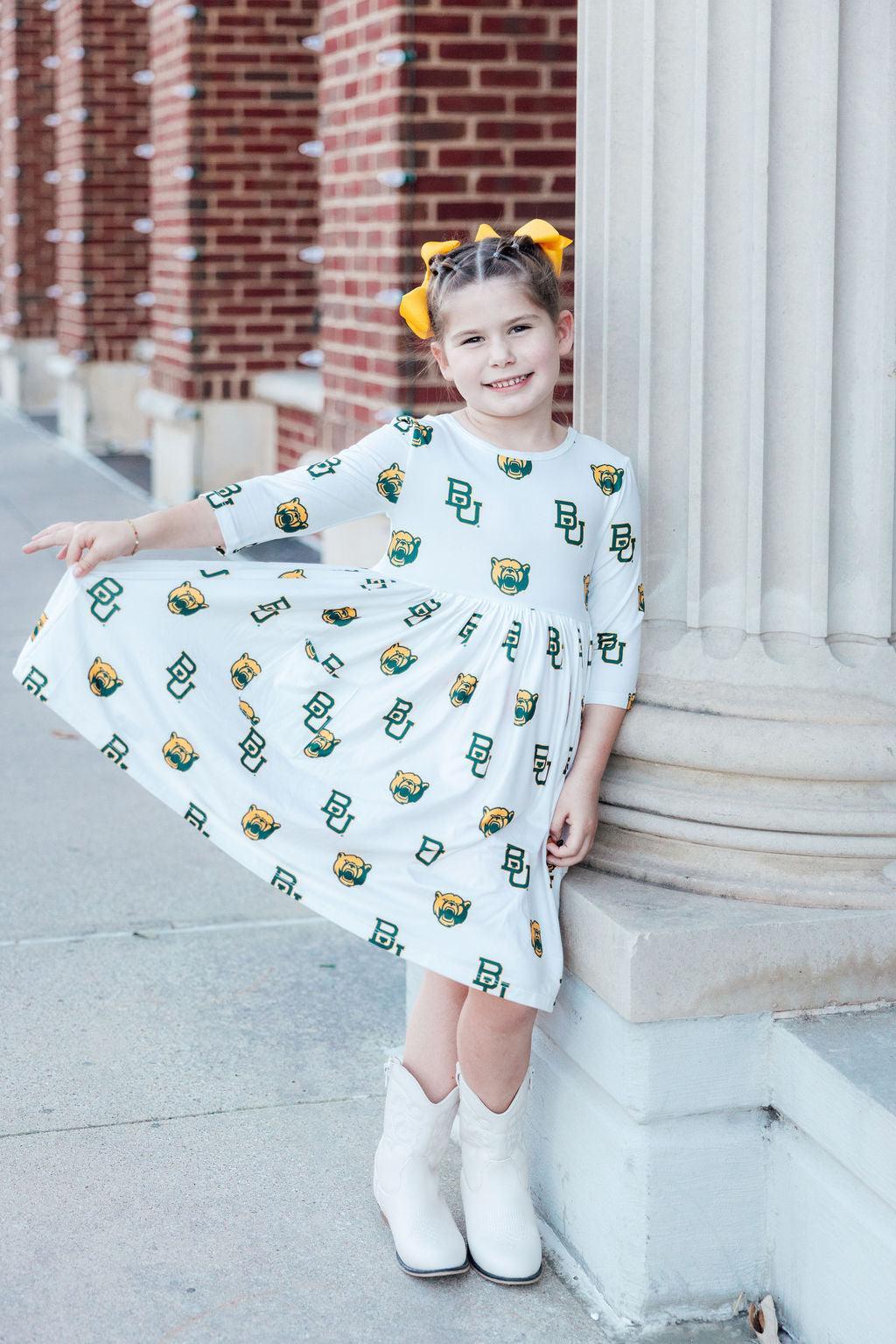 SALE Baylor White Bear 3/4 Sleeve Pocket Twirl Dress