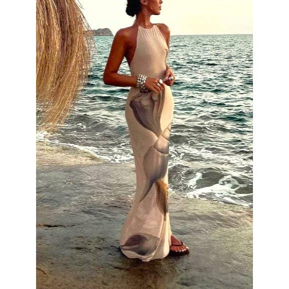 Beach Seashell Print Halterneck Mesh Maxi Dress [Sizes S-L]
