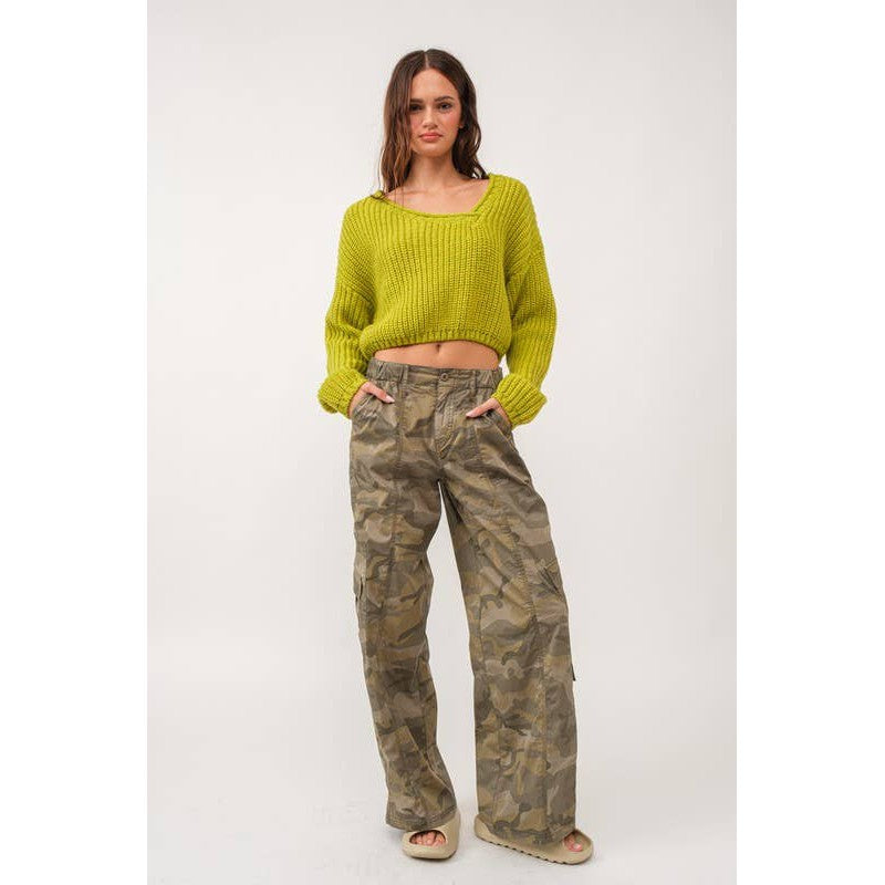Brat Green Asymmetric Neckline Knit Crop Top Sweater [Size SM Remaining]