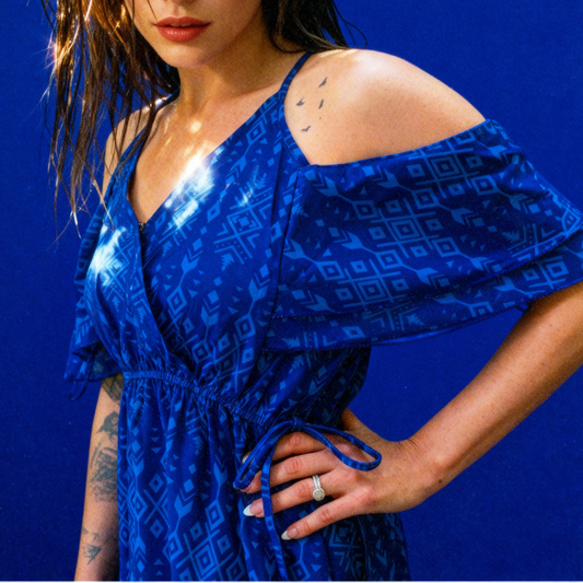 Broken Bow Cold Shoulder Maxi Dress in Blue Aztec