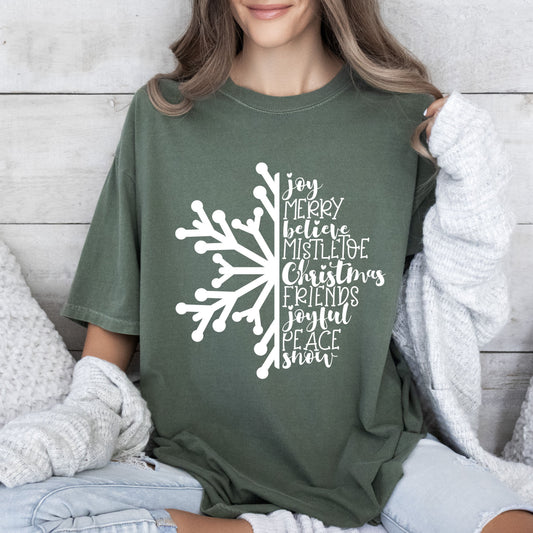 Joy Merry Believe Snowflake Vintage Christmas Holiday Cheer Collection Comfort Colors Tee