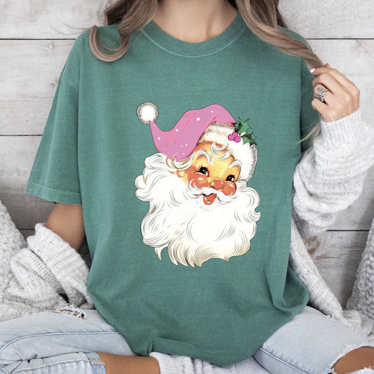 Retro Santa Pink Vintage Santa Claus Graphic Christmas Ornament Night Sky Holiday Cheer Comfort Colors Tee