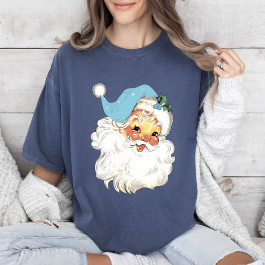Retro Santa Blue Hat Vintage Christmas Nostalgia Artwork Edition Comfort Colors Tee