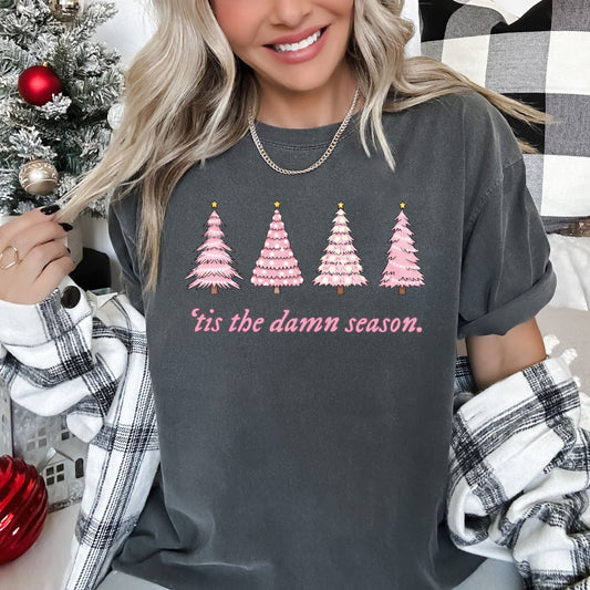 Tis The Damn Season Pink Trees Vintage Christmas Cozy Edition Comfort Colors Tee