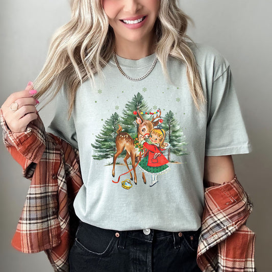 Vintage Christmas Girl And Reindeer Retro Classic Holiday Charm Comfort Colors Tee