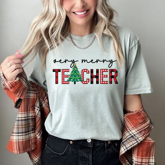 Very Merry Teacher Vintage Classic Christmas Holiday Edition Deluxe Comfort Colors Tee