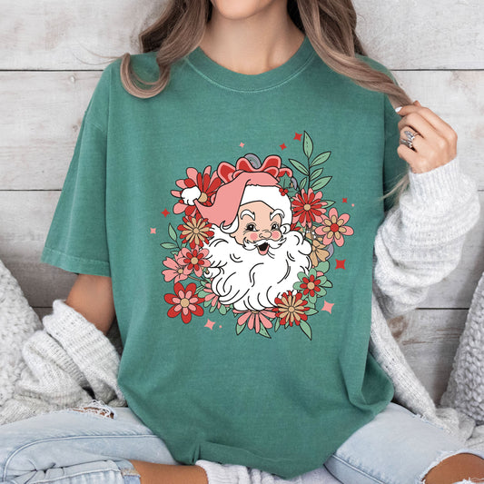 Floral Santa Retro Vintage Christmas Graphic Art Illustration Comfort Colors Tee