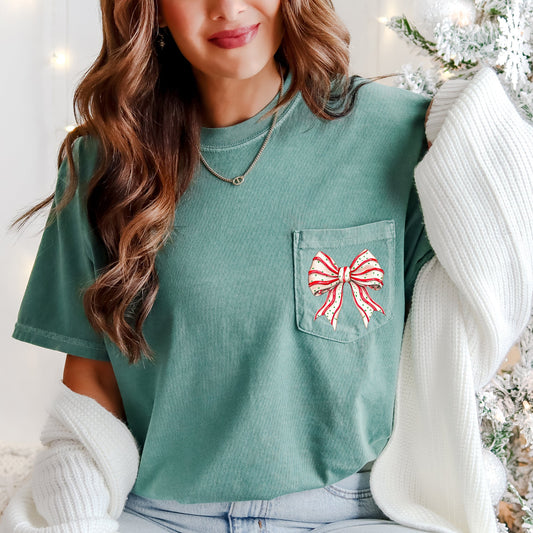 Christmas Cake Ribbon Bow Festive Holiday Vintage Inspired Classic Timeless Festival Favorite Comfort Colors Tee