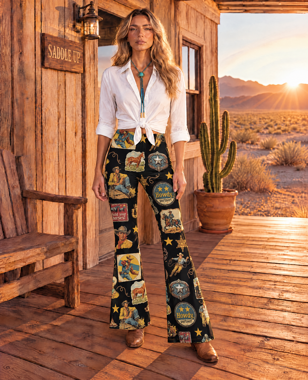 Baha Ranch Vintage Cowboy Collage Western Flare Pants