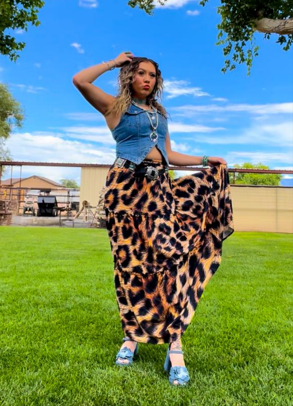 Baha Ranch Retro Pop Western Leopard Print Maxi Prairie Skirt