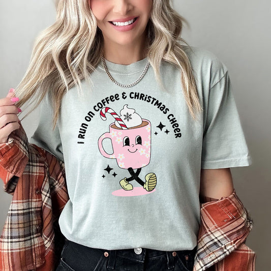 I Run On Coffee Christmas Cheer Retro Vintage Festive Holiday Edition Comfort Colors Tee