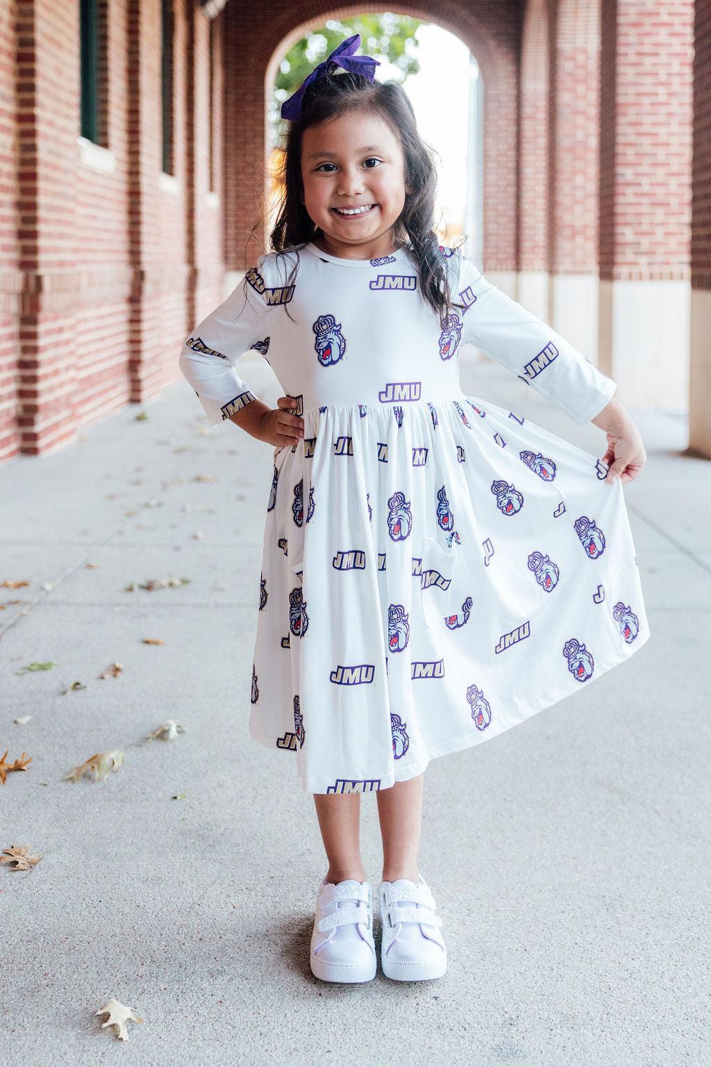 SALE JMU White Duke Dog 3/4 Sleeve Pocket Twirl Dress