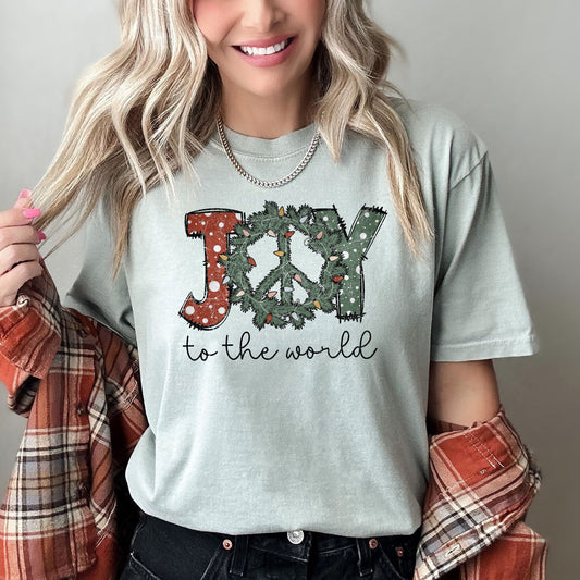 Joy To The World Peace Wreath Christmas Vintage Inspired Seasonal Edition Comfort Colors Tee