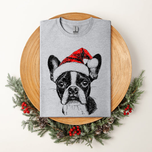 Boston Terrier Santa Christmas Dog Lover Portrait Design For Pet Fans Comfort Colors Tee