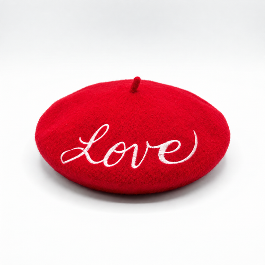 Love Embroidered Beret in Red