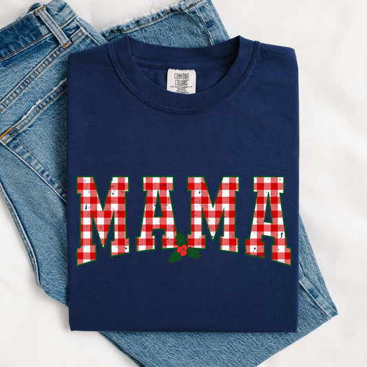 Mama Red Checkered Christmas Plaid Holly Santa Xmas Vintage Winter Cheer Comfort Colors Tee