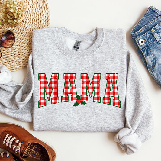 Mama Red Checkered Christmas Plaid Holly Winter Santa Xmas Festive Cozy Sweatshirt