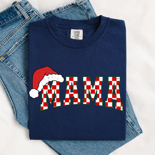 Mama Red Checkered Christmas Plaid Santa Winter Xmas Cozy Vintage Comfort Colors Tee