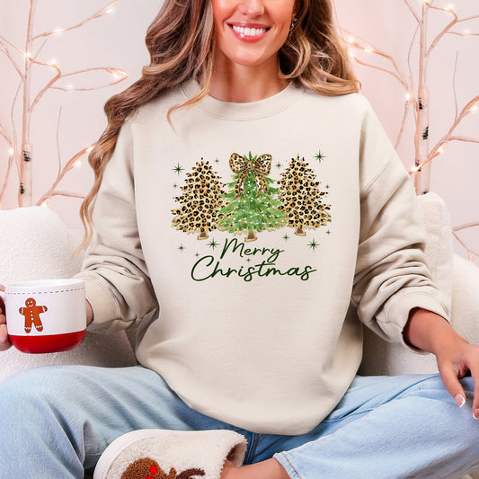 Merry Christmas Leopard Print Cheetah Christmas Trees Cozy Festive Holiday Sweatshirt