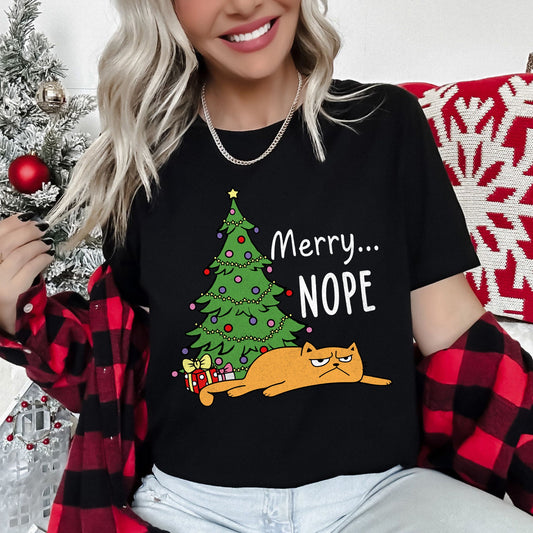 Merry Nope Funny Cat Christmas Holiday Humor Snarky Kitty Greeting Card Scene Graphic Tee