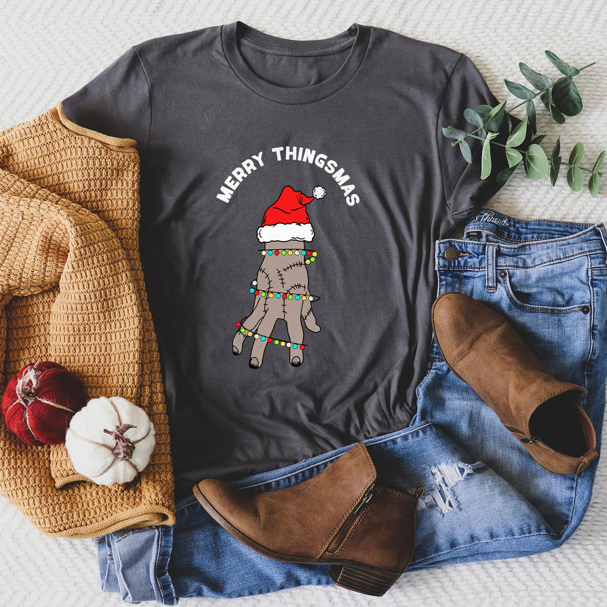 Merry Thingsmas Christmas Wednesday Spooky Zombie Mashup Holiday Theme Graphic Tee