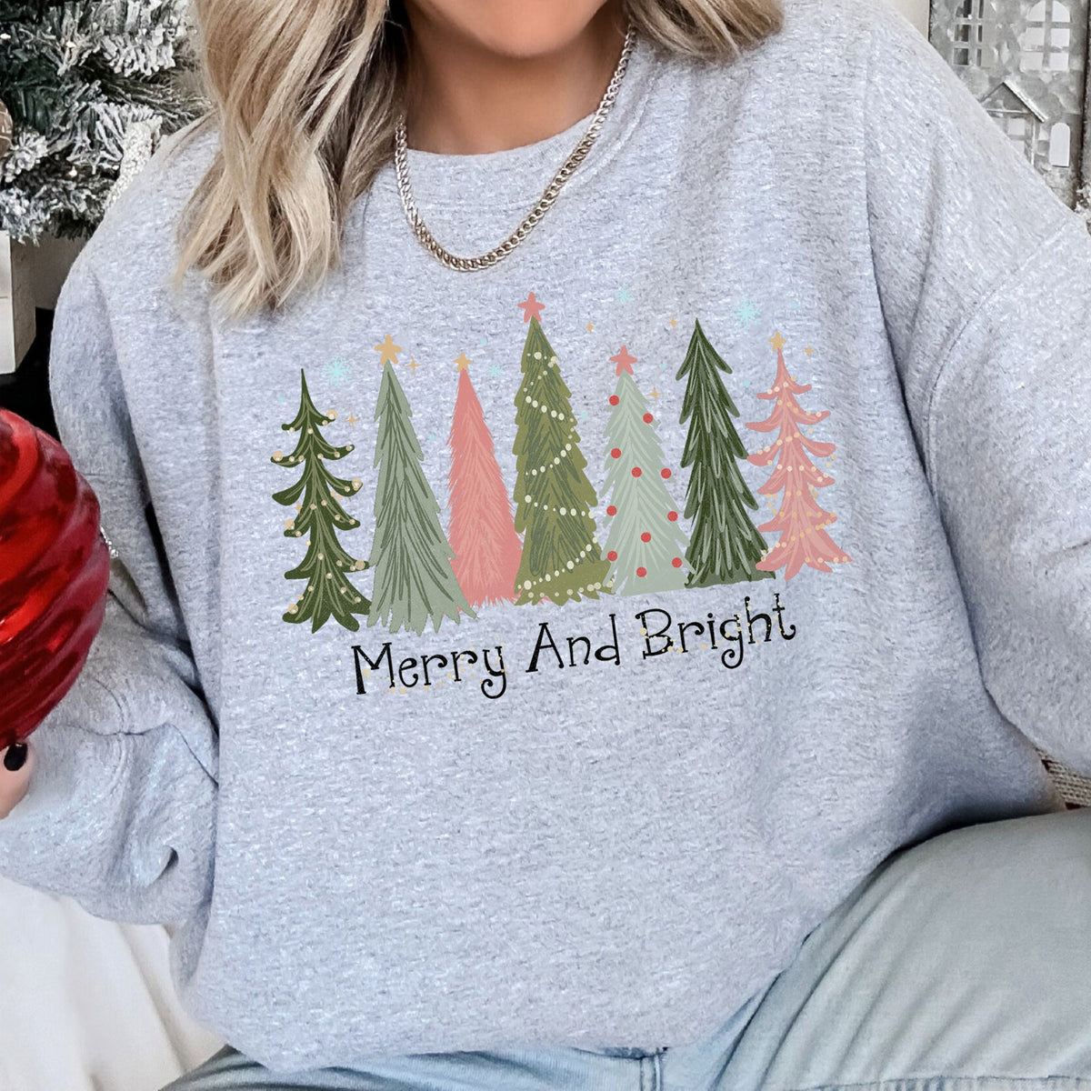 Merry And Bright Christmas Trees Festive Winter Forest Ornament Pattern With Lights Sweatshirt