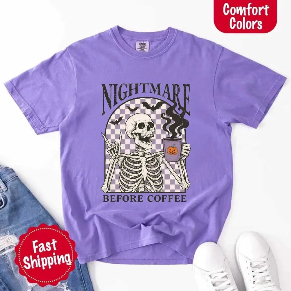 Nightmare Before Coffee Comfort Colors Shirt – Skeleton Funny Halloween Tee