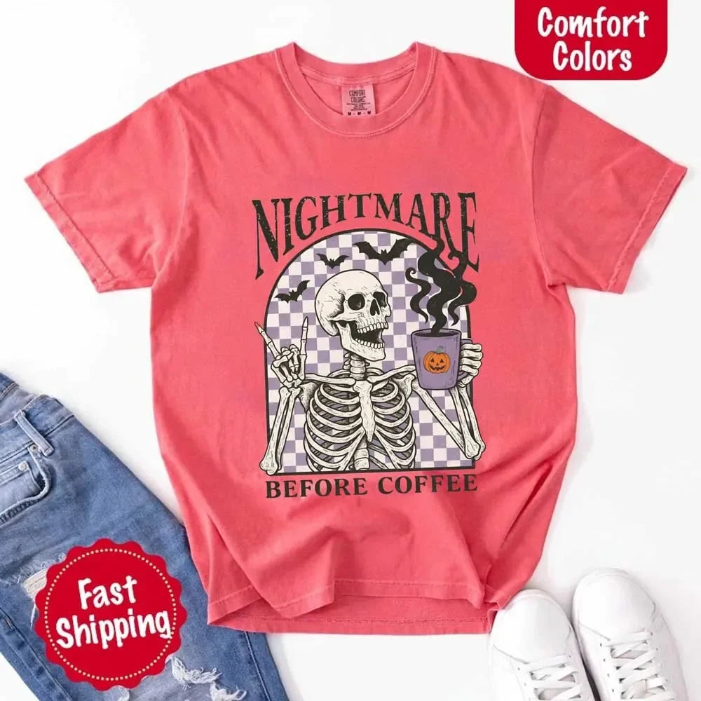 Nightmare Before Coffee Comfort Colors Shirt – Skeleton Funny Halloween Tee