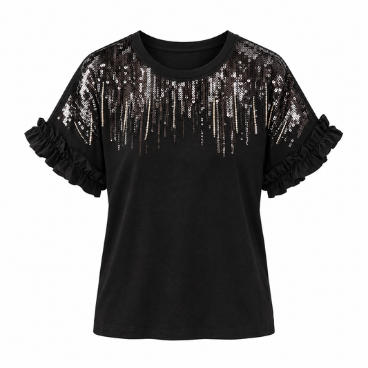 Ombre Sequin & Rhinestone Cotton Knit Top With Ruffle  [Available in Sizes SM-L]