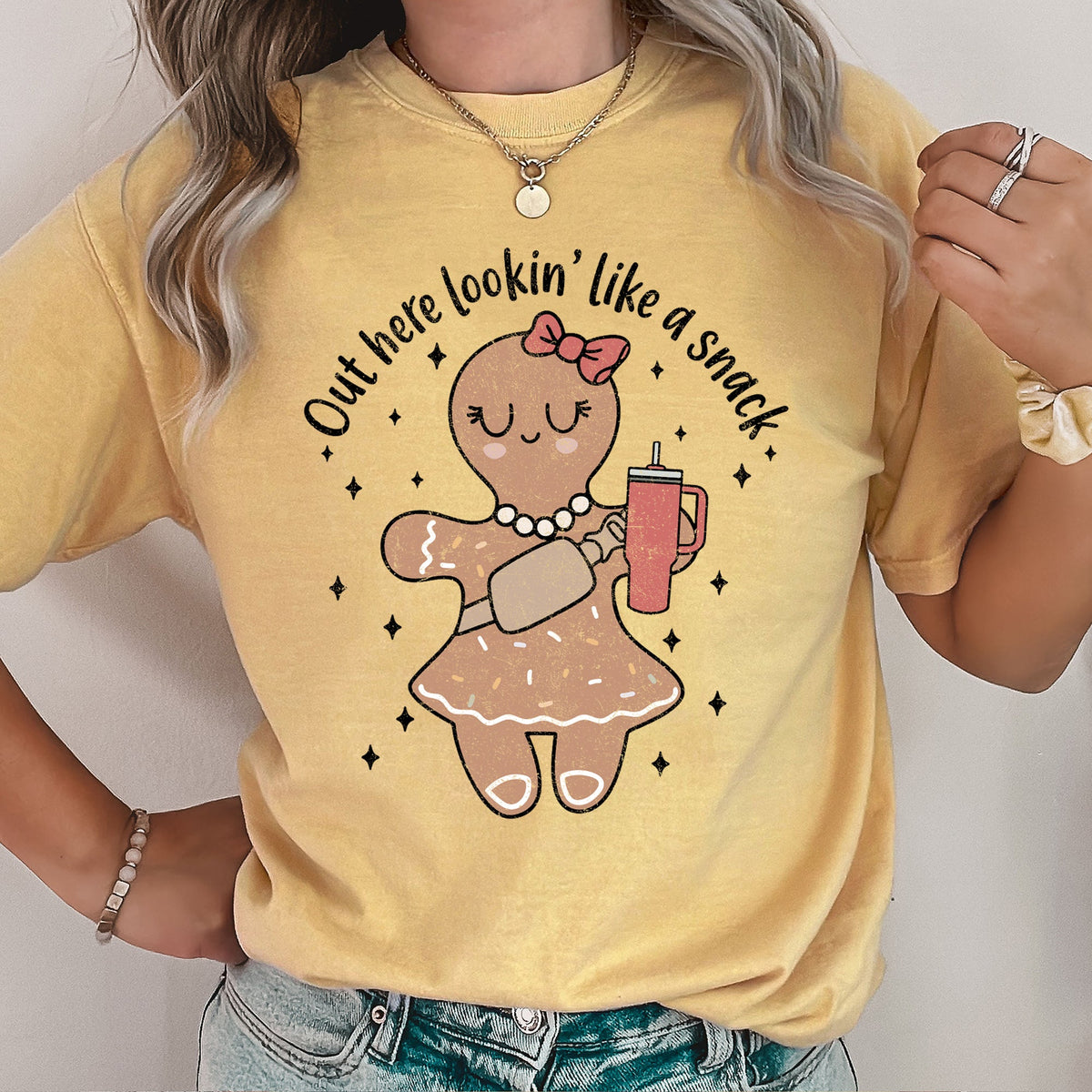 Out Here Looking Like A Snack Gingerbread Girl Stanley Christmas Comfort Colors Tee