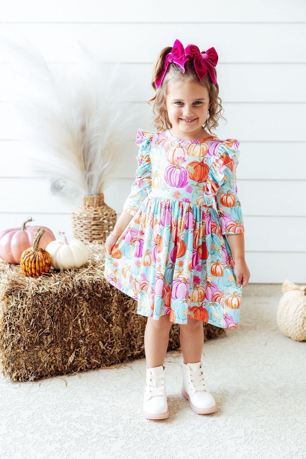 Preppy Pumpkins 3/4 Sleeve Ruffle Twirl Dress