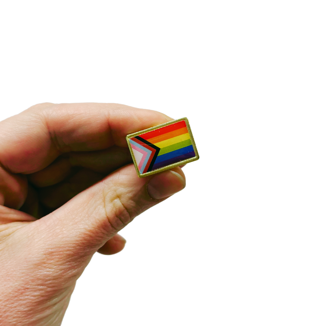 Progress Pride Flag Pin | LGBTQ Rainbow Flag Gold and Enamel Pin Brooch