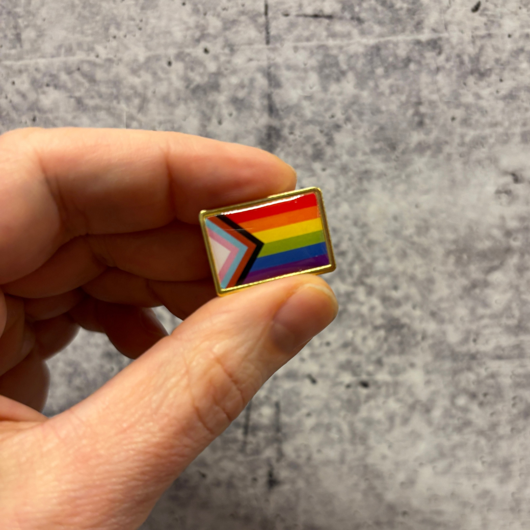 Progress Pride Flag Pin | LGBTQ Rainbow Flag Gold and Enamel Pin Brooch