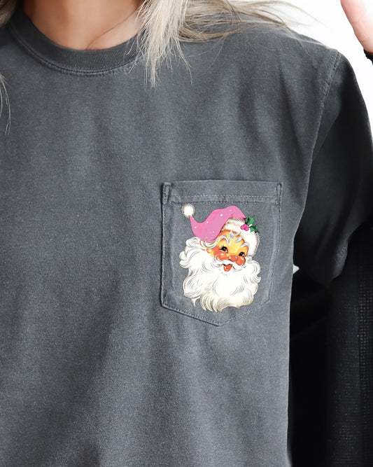 Retro Santa Pocket Pink Hat Christmas Winter Snow Xmas Holiday Vintage Style Comfort Colors Tee