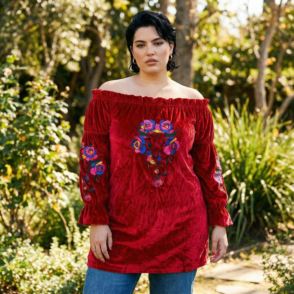 Rio Grande Embroidered Velvet Tunic Dress in Red [Size SM & 2X Remaining]