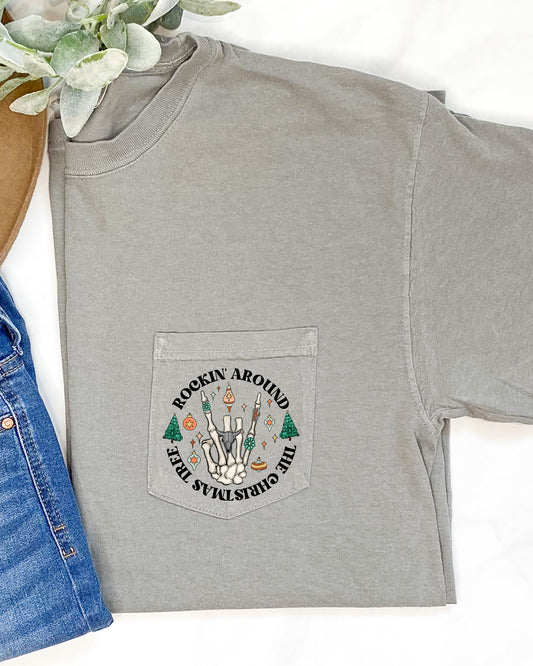 Rockin Around The Christmas Tree Skeleton Pocket Holiday Edition Comfort Colors Tee