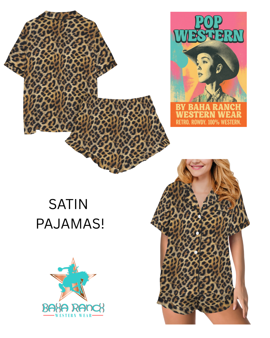 Baha Ranch Retro Pop Western Wild Leopard Satin Pajamas