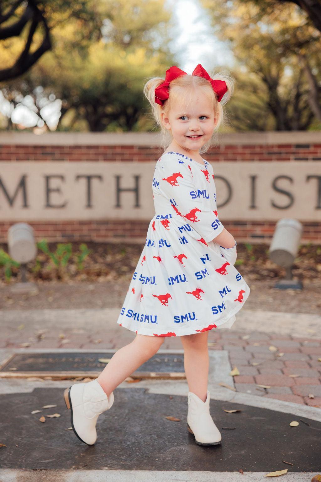 SALE SMU White Mustang 3/4 Sleeve Pocket Twirl Dress
